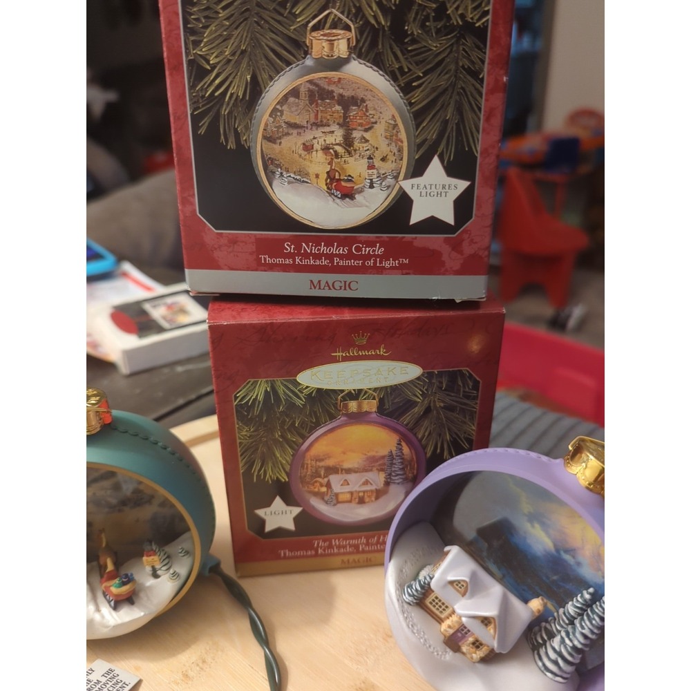 2 Hallmark Keepsake MAGIC Christmas Ornament  Thomas Kinkade 1997 & 1998